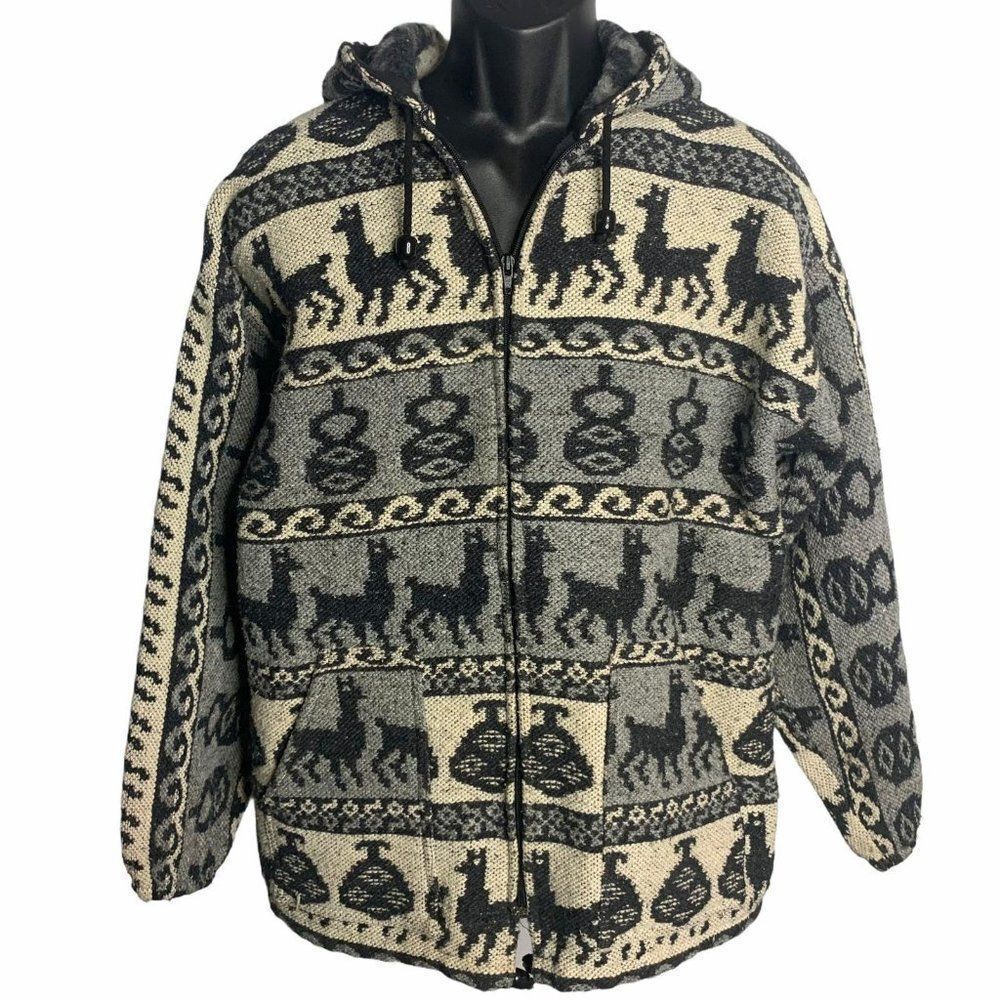 Alpaca Fleece Lined Knit Hoodie Jacket Grey Ivory